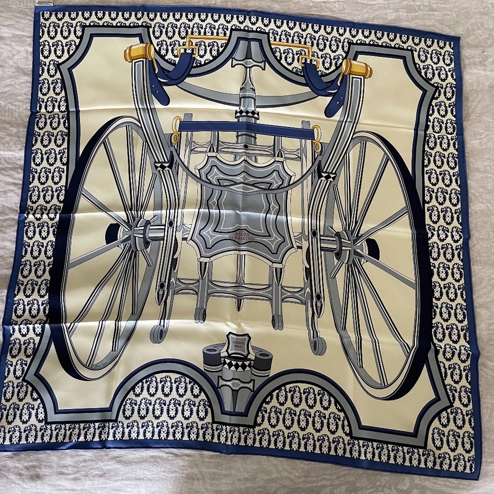 Hermès blue Les Roues De Phaéton silk scarf 90